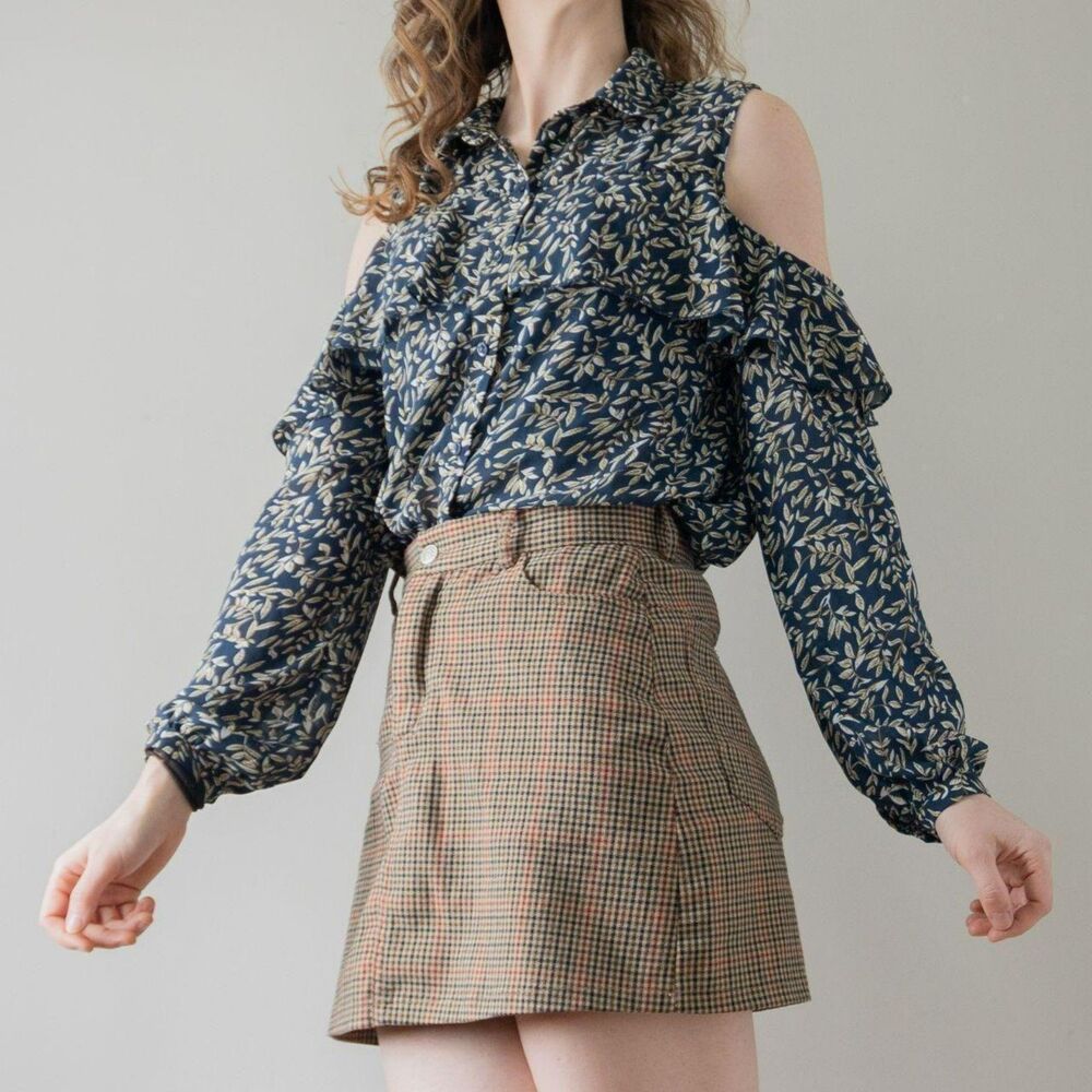 Navy Foliage Leaf Cut Out Shoulder Ruffle Women's Blouse